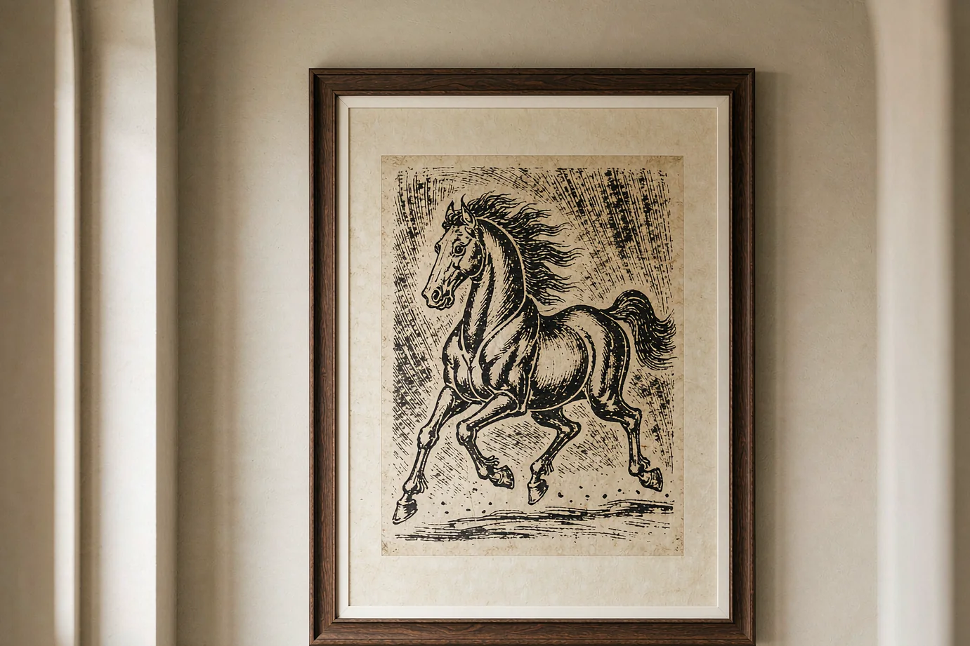 A handmade rubbing artwork of a galloping horse pressed from an ancient Chinese brick, hanging on a plaster wall