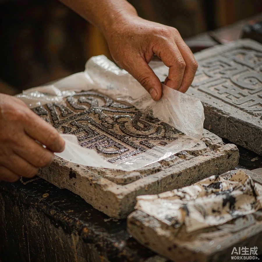 Handmade paper being laid wet onto a carved brick